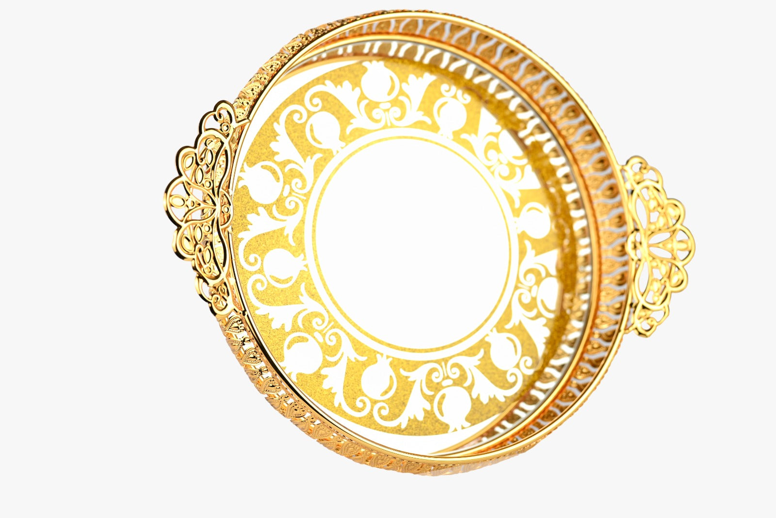 Plateau de présentation rond en miroir avec motif doré