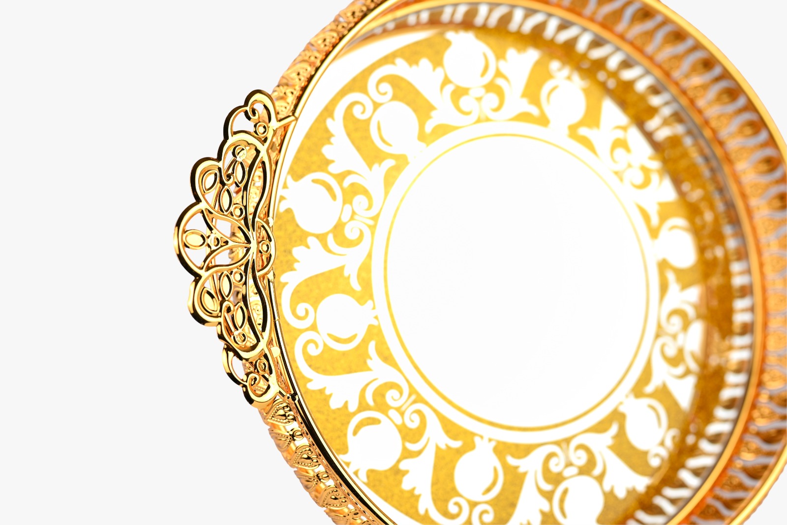 Plateau de présentation rond en miroir avec motif doré