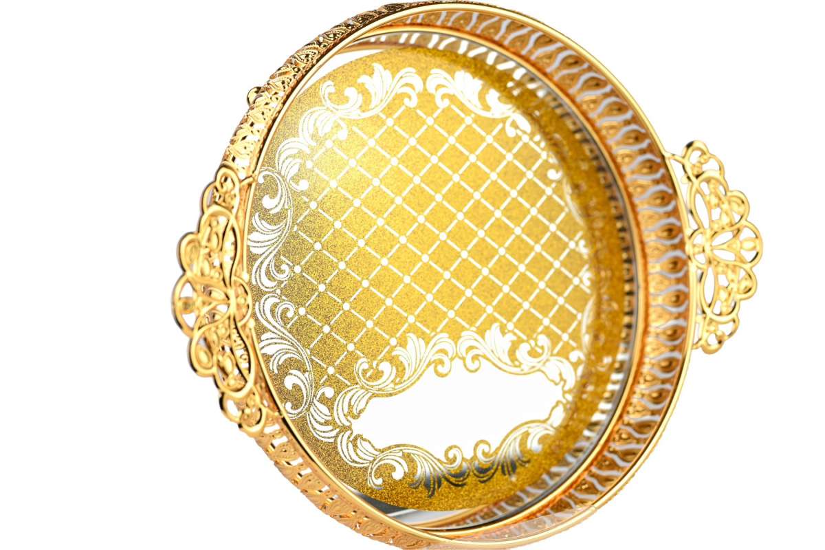 Plateau de présentation rond en miroir avec motif doré