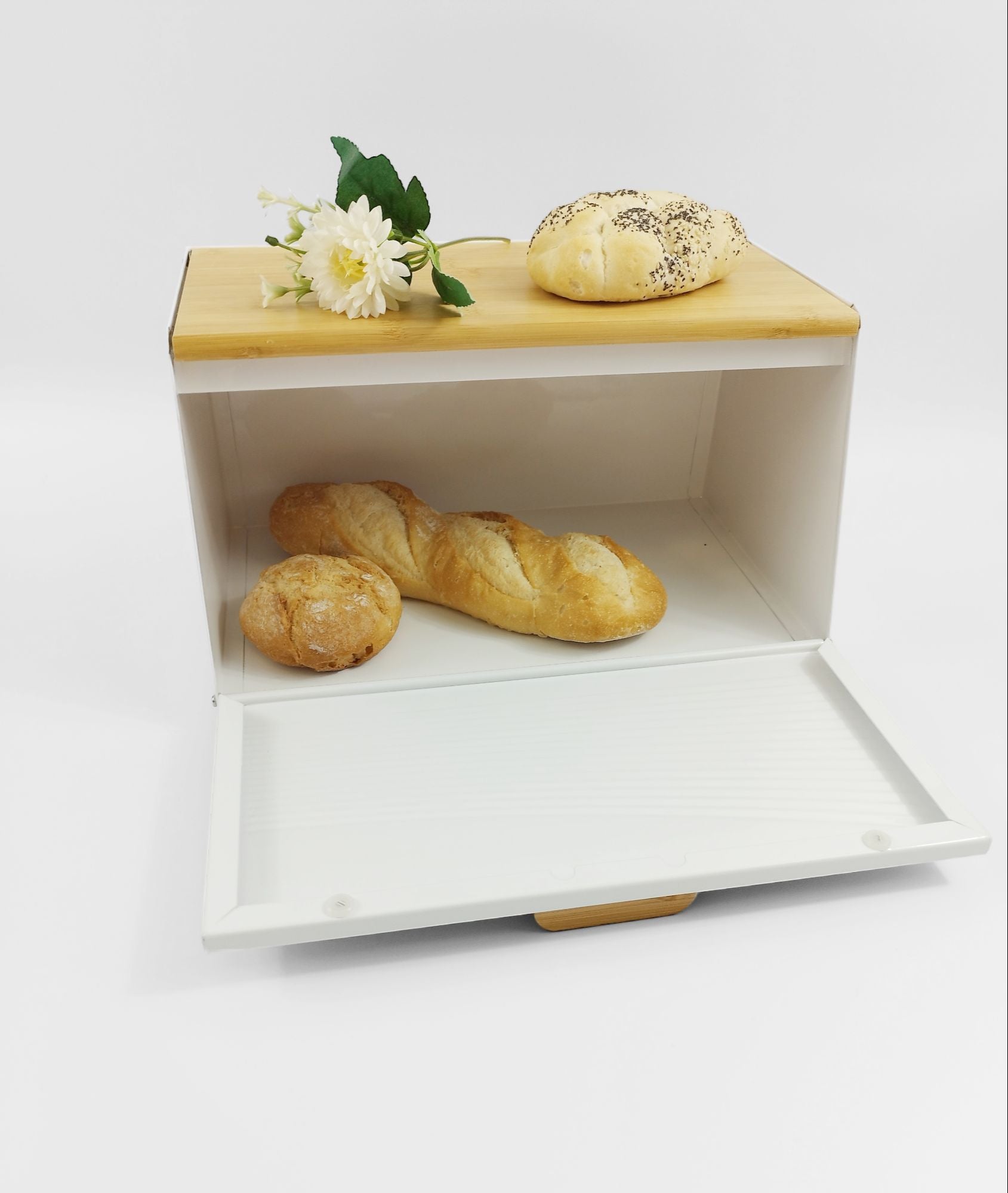 Boîte à pain métal blanc et bois