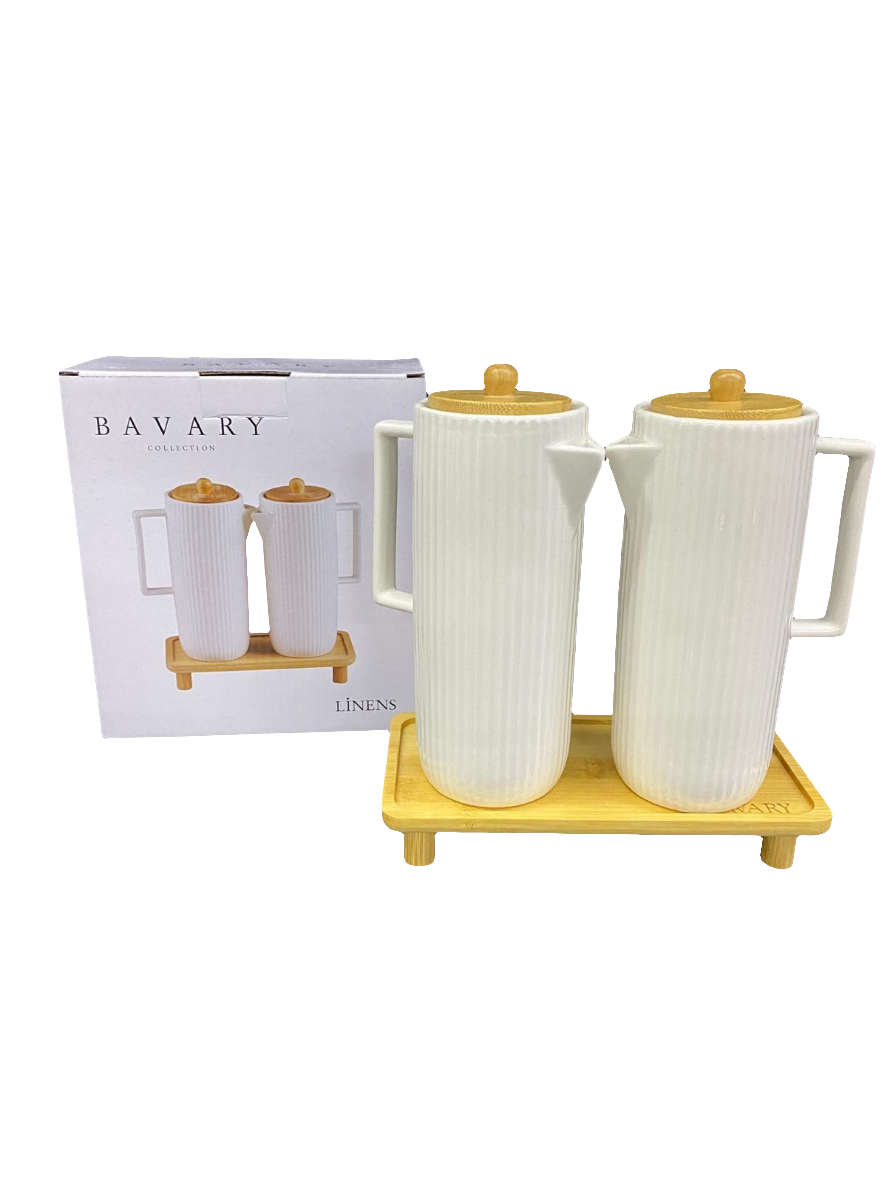 Duo de verseurs café et lait en porcelaine avec couvercles et support bambou