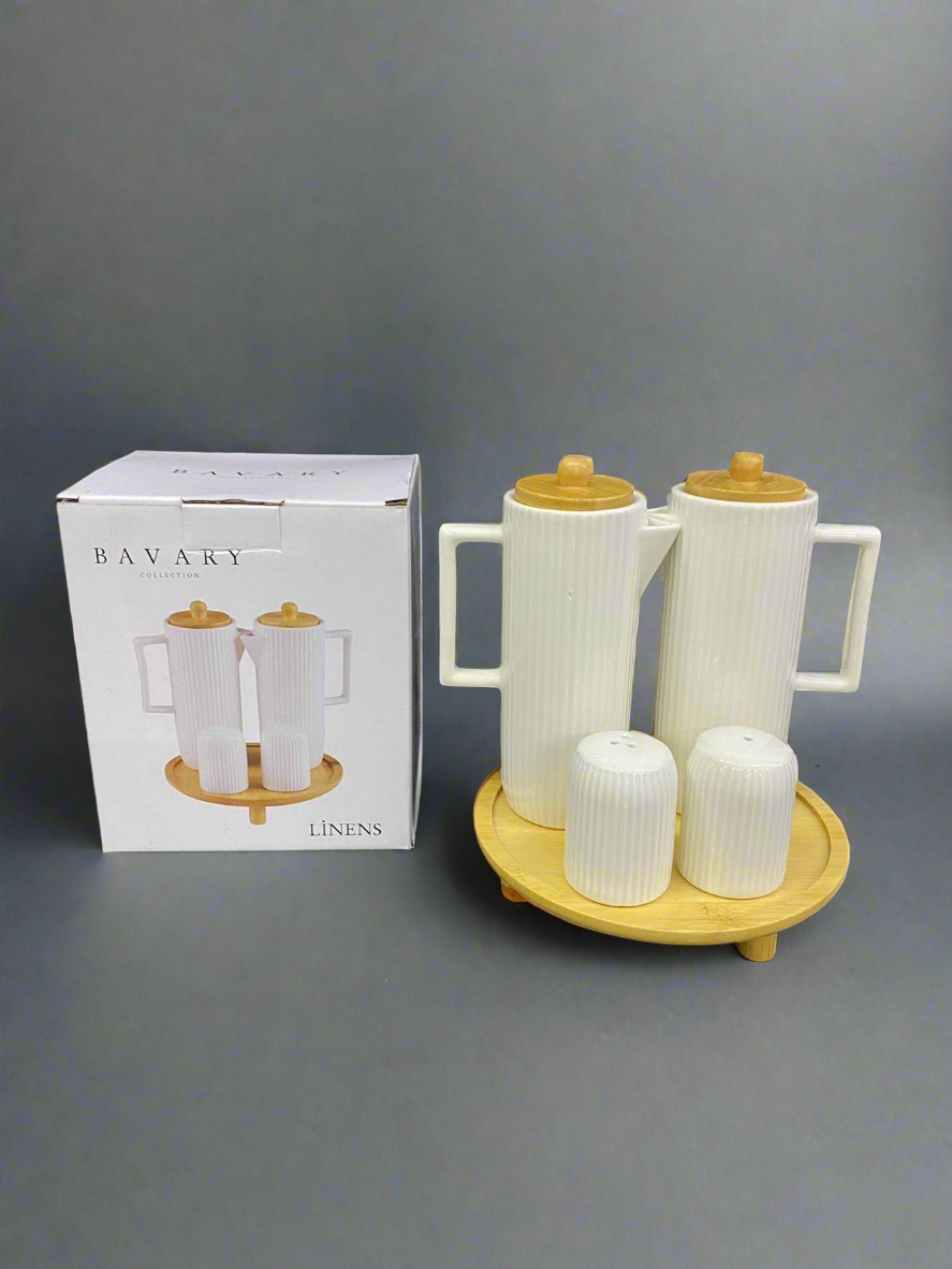 Set huilier et vinaigre porcelaine et salière poivrière avec support bambou