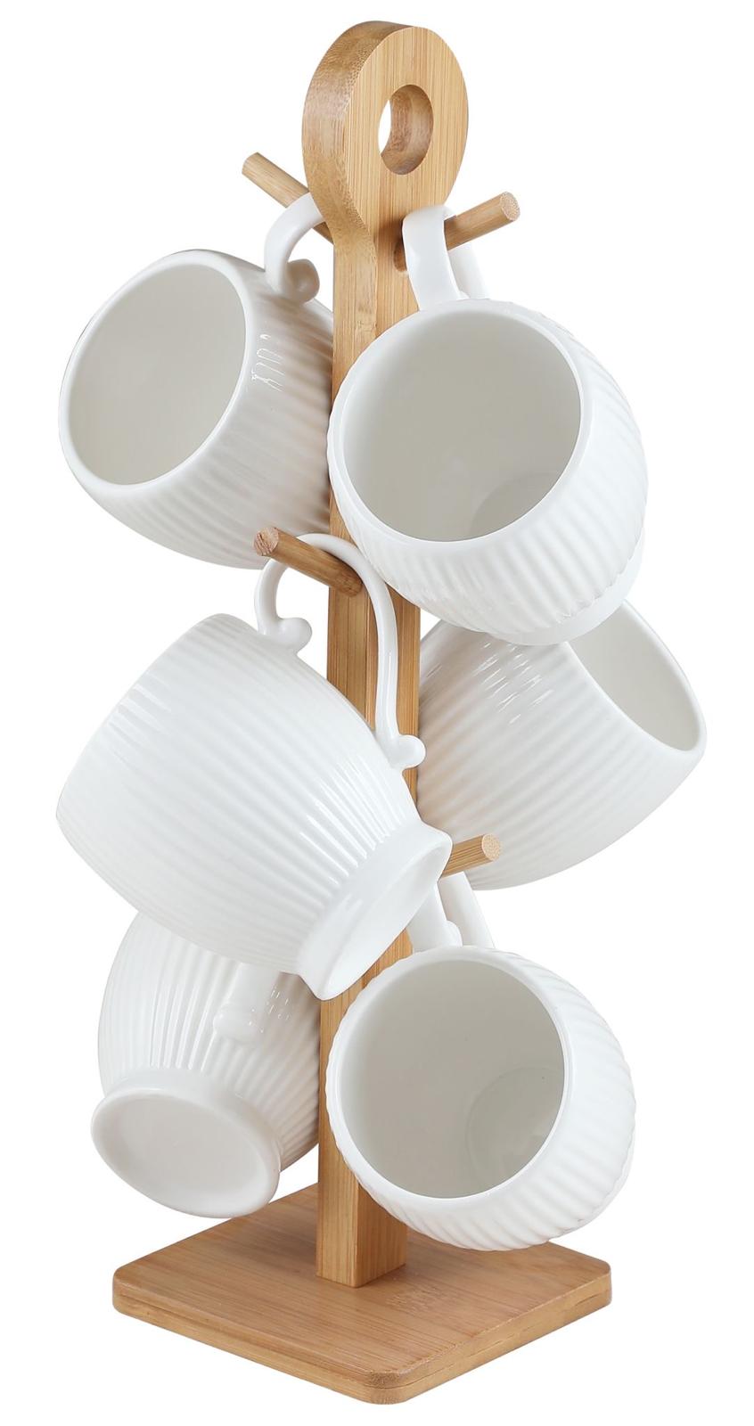 Ensemble de 6 tasses à café au lait porcelaine strillée et support bambou
