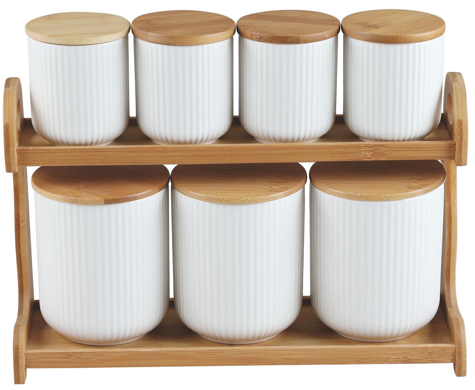 Ensemble 6 pots à épices porcelaine et bambou avec support