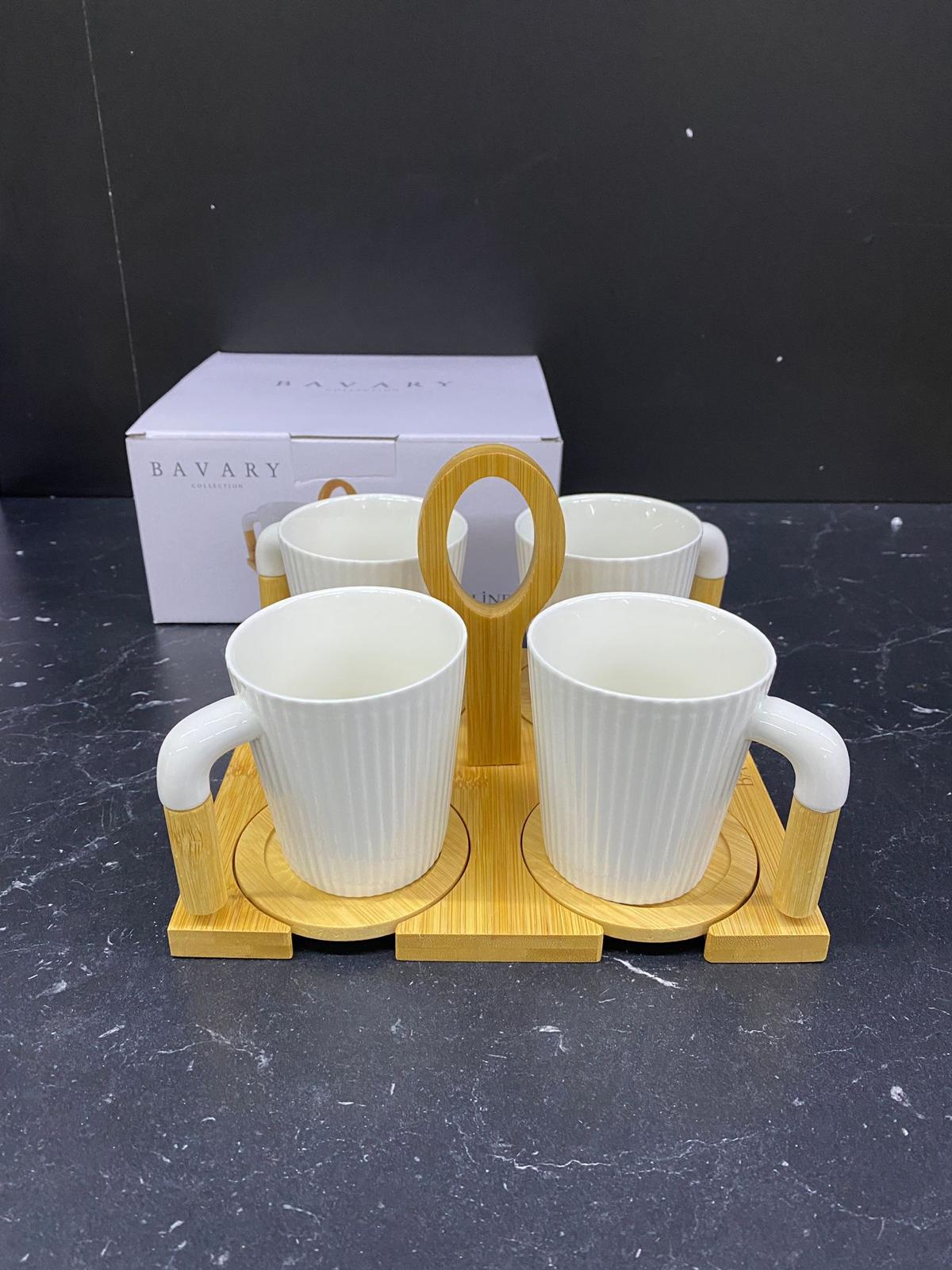 Set de 4 Mugs Café au lait porcelaine et bambou avec support et sous tasses