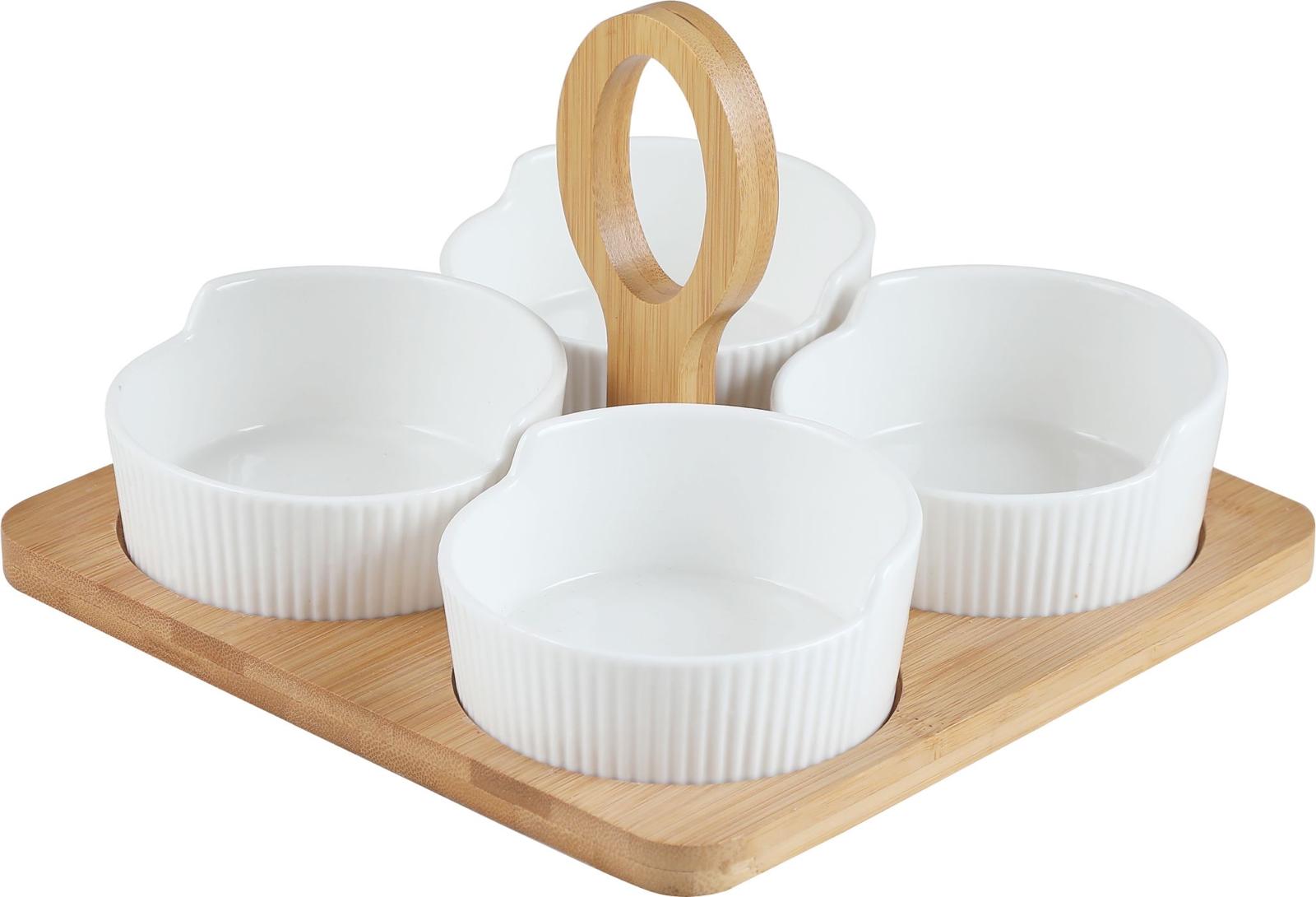 Set apéritif 4 coupelles porcelaine et support bambou