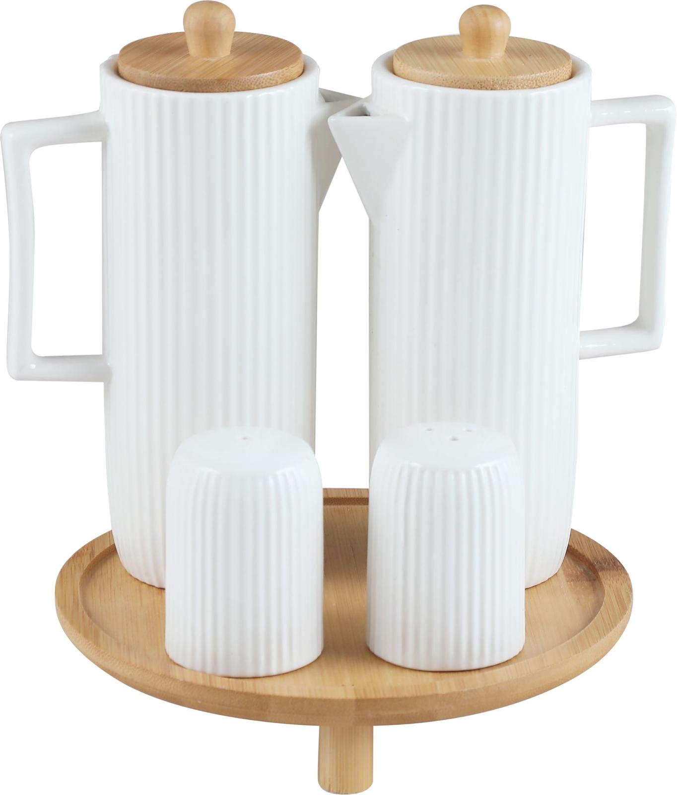Set huilier et vinaigre porcelaine et salière poivrière avec support bambou