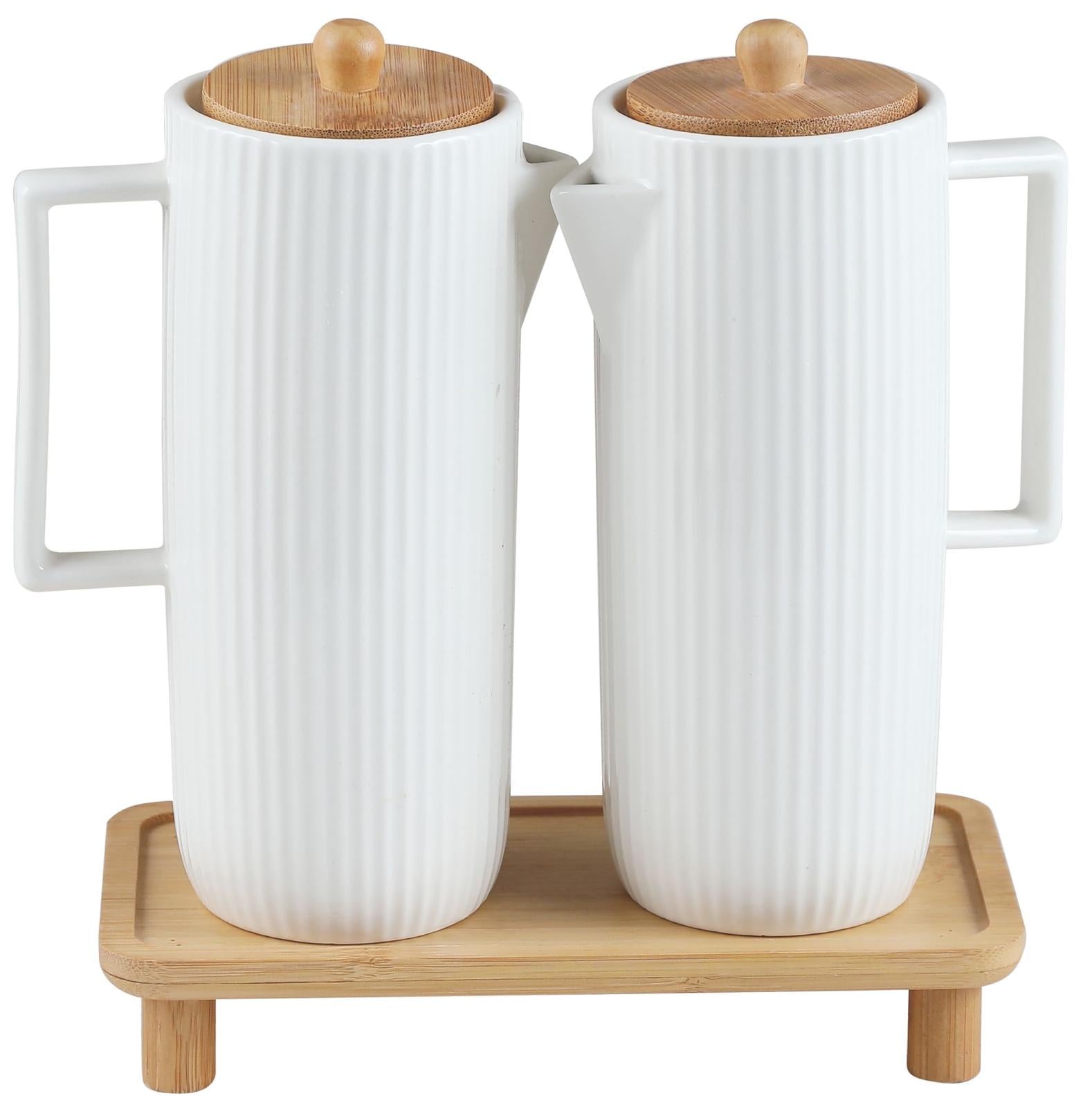 Duo de verseurs café et lait en porcelaine avec couvercles et support bambou