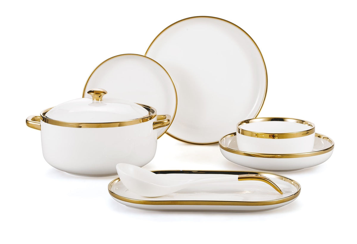 Service de table en porcelaine 50 pièces blanc doré avec soupière