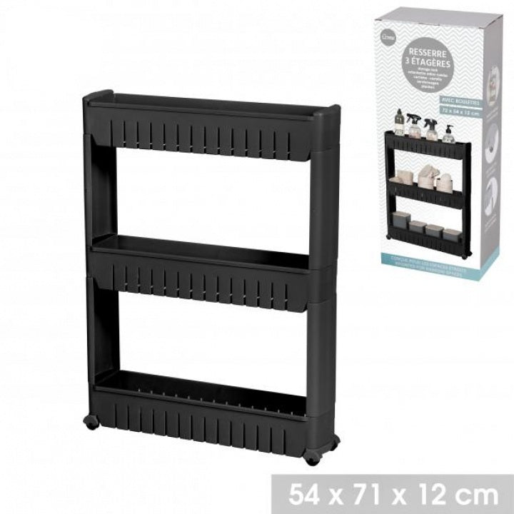RESSERRE 3 ETAGERES NOIR AVEC ROULETTES 54X72X12CM