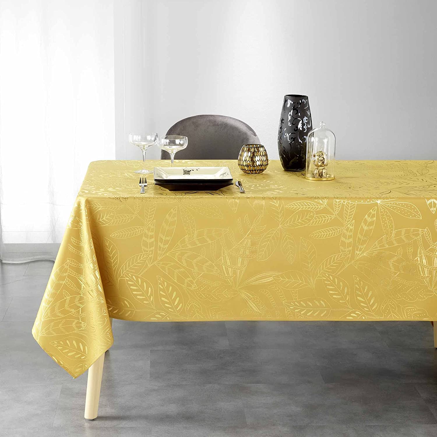 Mantel rectangular 150 x 240 cm amarillo/dorado, poliéster estampado metalizado
